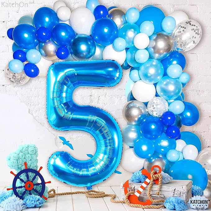 KatchOn, Giant Blue Five Balloon Number - 40 Inch | Number 5 Balloon, 5th Birthday Decorations for Boys | Blue 5 Shark number Balloons | 5 Year Old Balloon for Birthday party | Anniversary Supplies