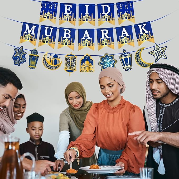 AhfuLife Eid Mubarak Banner Decorations, Pre-tied Eid Mubarak Bunting Banner Party Supplies for Home Outdoor Umrah Mubarak Party Decor Moon Star Garland