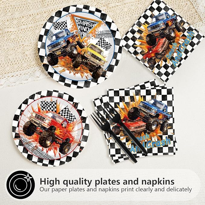 200Pcs Truck Party Decorations Red Blue Yellow Truck Theme Plates and Napkins Car Racing Theme Tableware Set for Boys Kids Birthday Baby Shower Racing Car Party Supplies Serves 50
