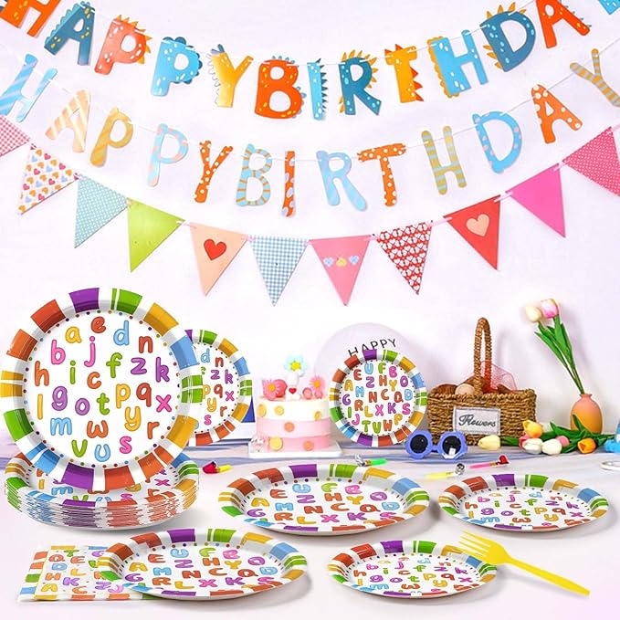 Grencian 96Pcs Alphabet Number Party Supplies Colorful Alphabet Number Plates and Napkins Disposable Paper Tableware Set for Kids Boys Girls Numbers Games Baby Shower Party Supplies, Serves 24