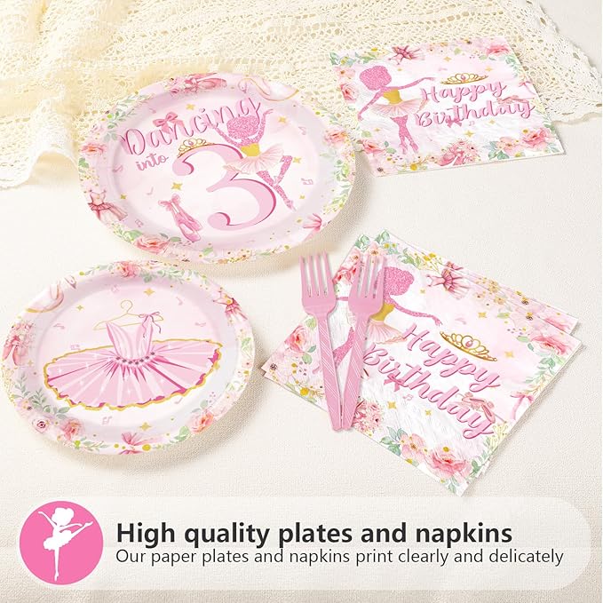 96Pcs Ballerina 3rd Birthday Decorations Cute Ballet 3rd Birthday Plates and Napkins Tableware Sets Ballerina Theme Party Decorations Favors for Girls Ballet Dancing Dancer Party Supplies Serves 24