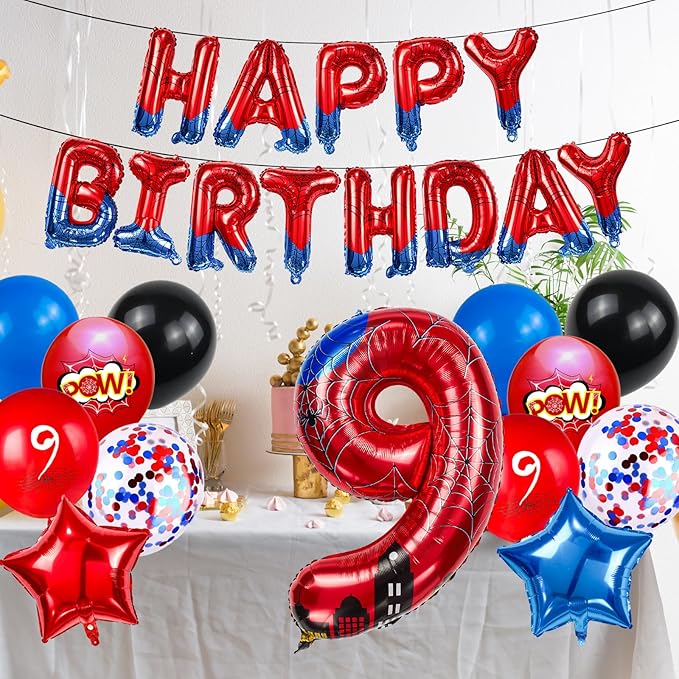 Cartoon Hero 40 Inch Red and Blue Spider Theme Number Foil Birthday Decoration Balloon, Spider Theme Happy Birthday Banner Party Decoration Balloon, Letter Logo Superhero Party Supplies (9)