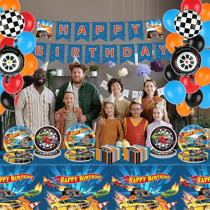 127Pcs Wheels Race Car Birthday Party Supplies Race Cars Plates Napkins Tablecloth with Racing Car Banner Monster Truck Wheels Checkered Balloons Racing Signs Decorations