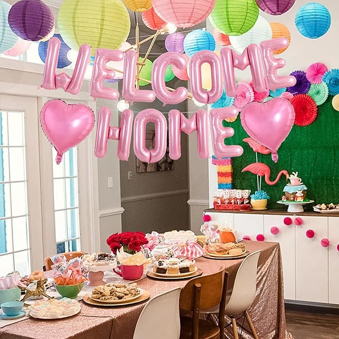TONIFUL Welcome Home Balloons,16 Inch Pink Welcome Home Foil Balloons Banner Welcome Home Party Decorations for Homecoming Party Decorations House Warming Party Family Gathering Supplies