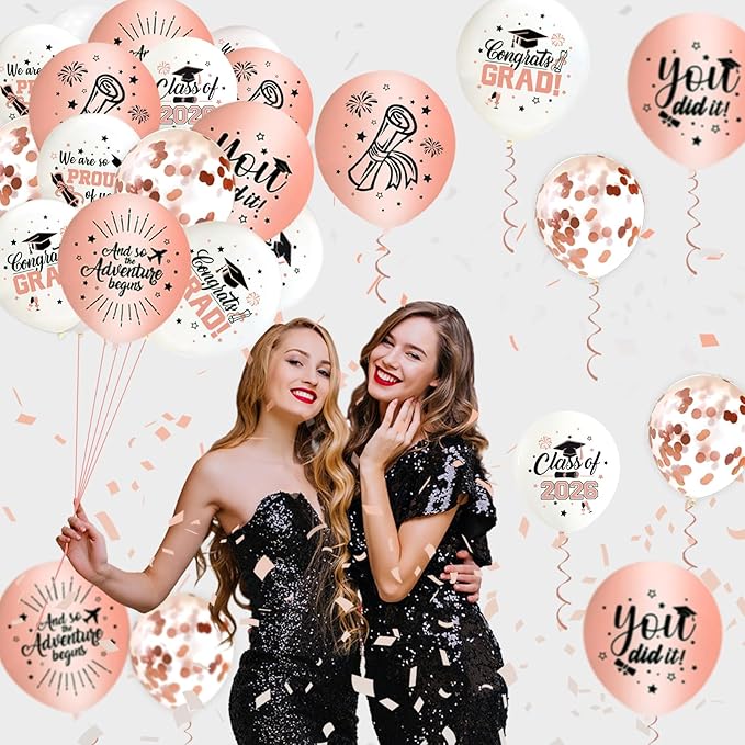 75Pcs Rosegold Graduation Balloons Decorations Class of 2026 Graduation Party Supplies with Congrats Balloon Ribbons for Congrats Party Decoration