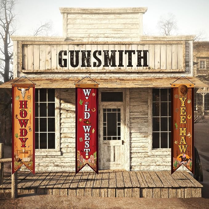 3 Western Party Decorations Cowboy Banners Wild West Hanging Decor Howdy Yes Haw Porch Sign Backdrops for Indoor Outdoor Cowboy Birthday Photo Props Wedding Party Supplies (Western)