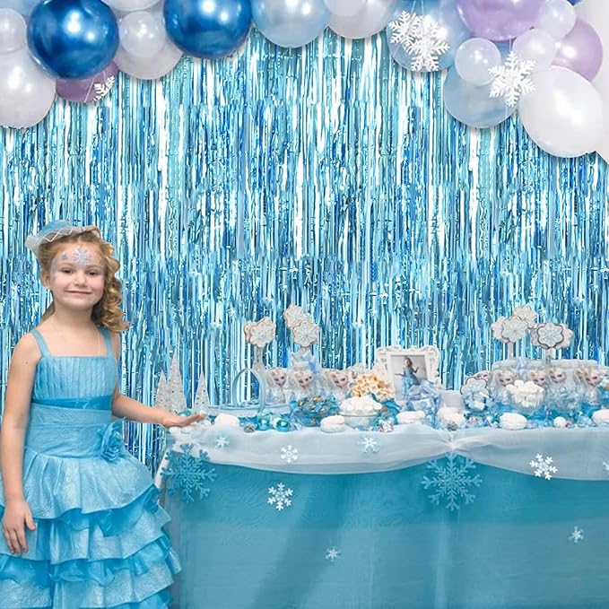 TONIFUL 3Pcs Light Blue Door Streamers,Light Blue Photo Booth Backdrop Metallic Streamers Foil Fringe Curtains for Birthday,Christmas,New Year,Bachelorette,Grad Party Streamers Decor(9.9ft x 6.6ft)