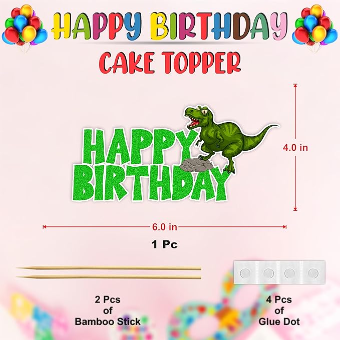 Dinosar Happy Birthday Cake Topper - Prehistoric Dinosaur Theme Design, Colorful Jurassic Style Party Cake Decoration for Birthday Celebration, Dessert Table Display, Photo Prop, Cake Centerpiece.