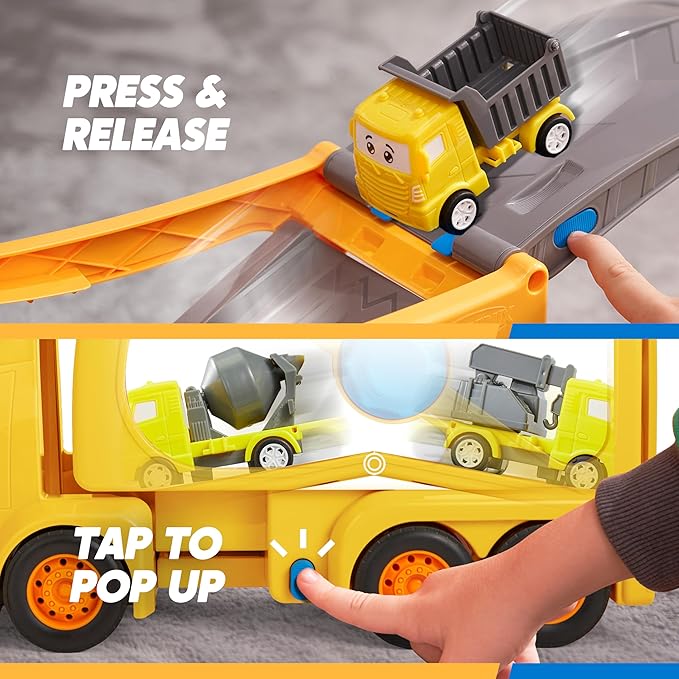 JOVA Extra Large Toy Trucks for Toddlers, 3-Layer Construction Trucks for Boys, 7-in-1 Big Carrier Truck with Siren & Lights and 6 Toy Cars, Birthday Gifts for Boys Kids