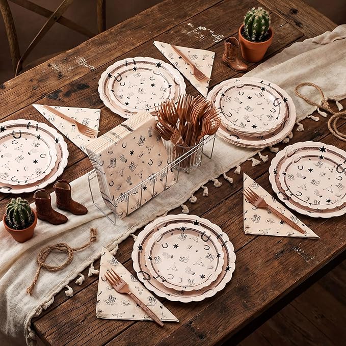 122 Pcs Cowboy Paper Plates and Napkins Forks Western Birthday Supplies First Rodeo Bachelorette Party Plates Cowboy Ranch Tableware Set for Kids Boys Baby Shower Decorations, Serve 24