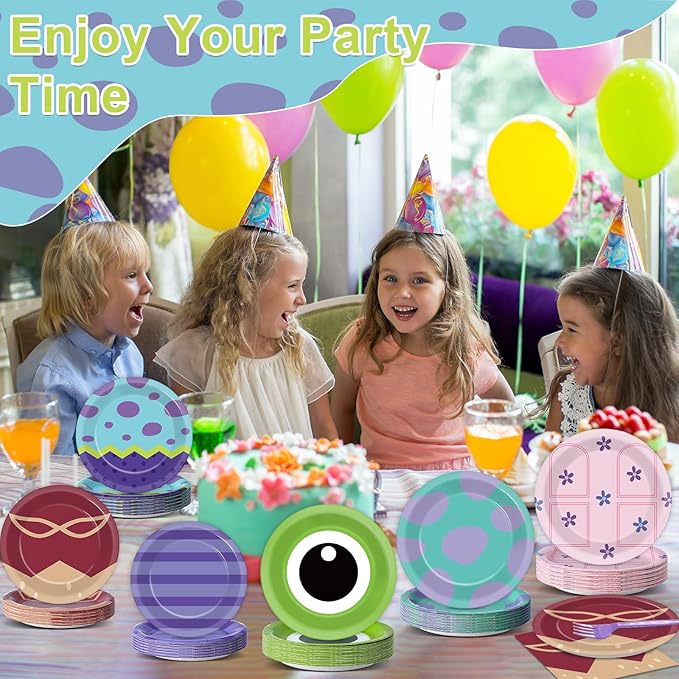 96PCS Monster Birthday Party Plates and Napkins Blue Purple Green Tableware Set Monsters Theme Parties Decor Paper Tableware Set Cartoon Monsters Plates For Monster Themed Baby Shower Party Decoration