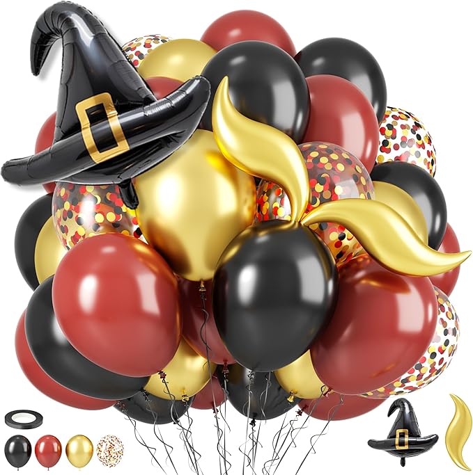Black Burgundy Balloons, 12 Inch Maroon Black Gold Confetti Balloons with DIY Hat and Gold S-shaped Foil Balloon for Boy Girl Birthday Party Graduation Baby Shower Decorations