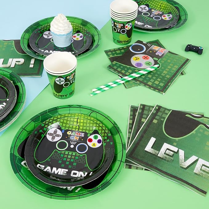 WERNNSAI Video Game Birthday Decorations - 64 PCS Game Plates Napkins and Cups Gaming Birthday Plates for Boys Gamer On Level Up Party Supplies for Gaming Theme Baby Shower Birth Anniversary Parties