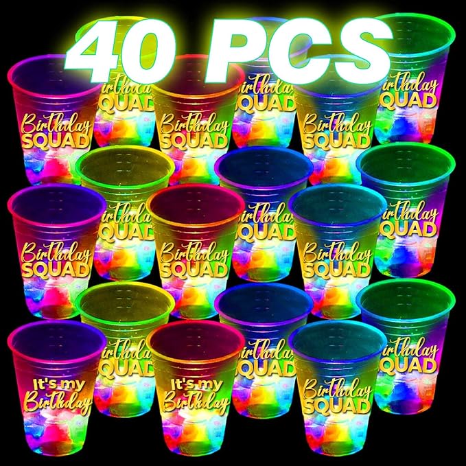 mishunyus 40 Pack Glow Birthday Squad Cups 16oz - Reusable Light Up Party Cups for Adult Birthdays 21st, 30th, 40th, 50th, 60th Theme Decorations Supplies, Night Club Party Favors