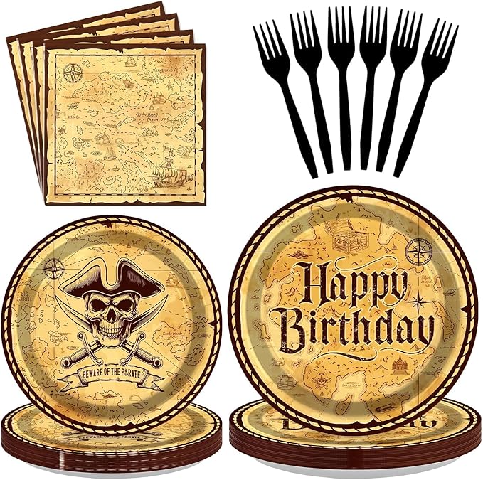 Grencian 96Pcs Pirate Birthday Decorations Vintage Pirate Party Plates and Napkins Disposable Paper Tableware Set for Baby Shower Men Treasure Map Theme Birthday Party Supplies, Serves 24