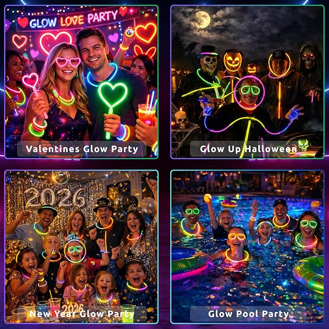 Ammy Glow-Glow Sticks-100 Pack Bulk Party favors for Kids-Neon Glow in The Dark Party Supplies - Eye Glasses, Glow Bracelets & Necklaces -Party Lights For Birthdays & Weddings-205 pcs