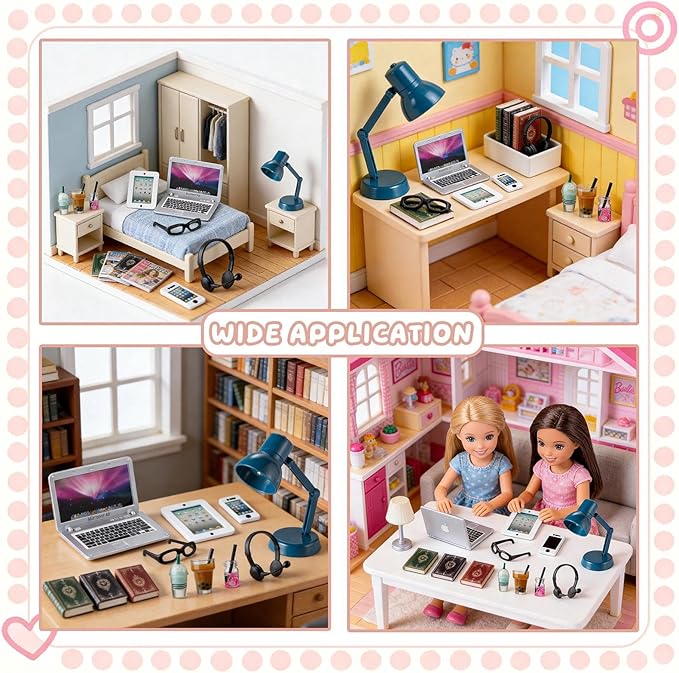 12Pcs Dollhouse Miniature Laptop Computer Tablet Phone Lamp Book Glasses Coffee Headset Simulation Accessories 1/12 1/6 Toy Pad Play Set Fits Barbie Doll Girl Mini Drink Party Office (Bule)