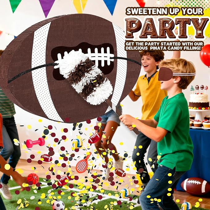 25" Football Pinata for Birthday Party, Sports Themed Party Decorations with Stick & Blindfold, Small American Football Pinata for Kids Boys, Fillable Paper Mache Centerpiece for Game Day Event Favors