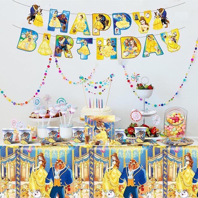 Beauty and The Beast Party Decorations(Serves 20), Princess Belle Birthday Party Tableware with Banner, Tablecloth, 20 Disposable 7" Paper Plates with Napkins for Kids Fans Birthday Party Decorations