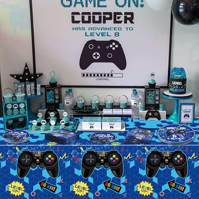 81 Pcs Video Game Party Supplies - 8th Birthday Video Game Party Decor Dinner Plates Napkins Video Game Tablecloth Forks Gaming Party Pack for Kid Boy 8th Birthday Party, Serves 20 (8th)