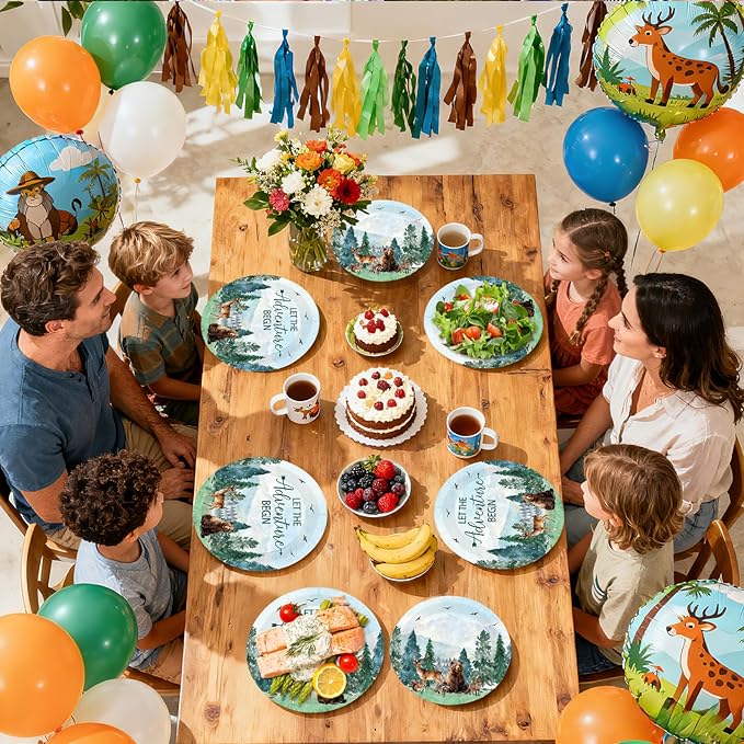 96Pcs Let The Adventure Begin Party Decorations Camping Adventure Birthday Plates and Napkins Green Mountain Wilderness Woodland Animals Decorations for Boys Girls Birthday Party Supplies Serves 24