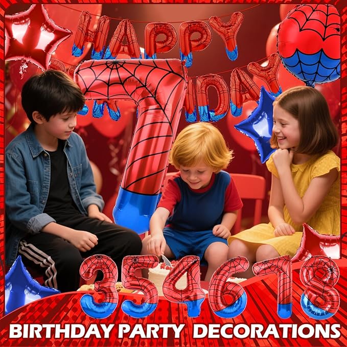 Spider Themed Happy Birthday Banner Party Decorations Set Including 40 Inch Number 7 Foil Balloons, Themed Party Essentials, Colorful Superhero Backdrop Supplies for Boys Indoor Outdoor Celebration