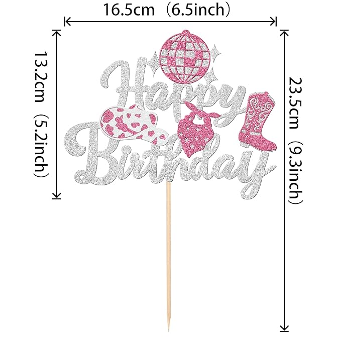 1 PCS Cowgirl Happy Birthday Cake Topper Glitter Western Cowgirl Birthday Cake Pick Hat Boot Disco Cowgirl Cake Decorations for Western Cowgirl Rodeo Theme Girls Birthday Party Supplies Silver