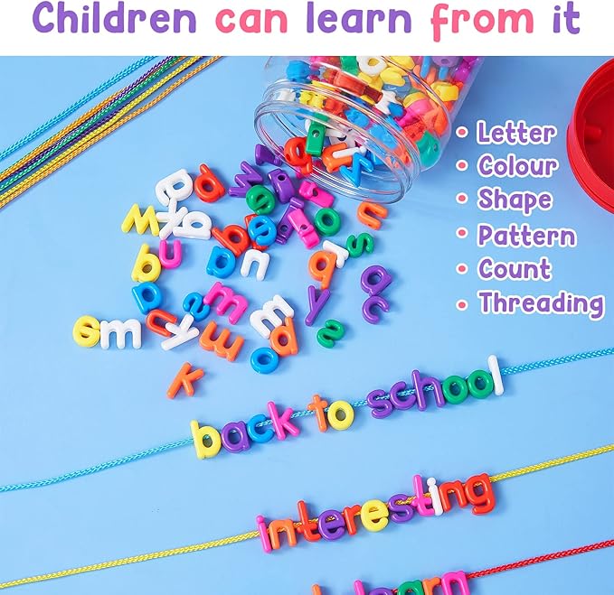 Wesiti Lacing Letters Beads Alphabet Learning Toys Toddler ABC Alphabet Beads Lacing Sports Skills Toys for Preschool Games Homeschool Supplies Early Spelling(Lowercase Letters,408 Pcs)