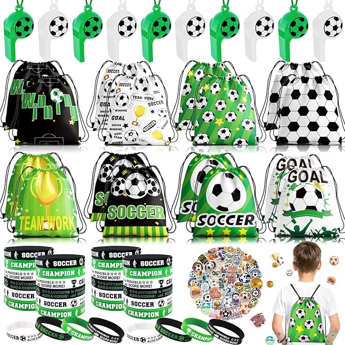 98Pcs Soccer Party Favors, Soccer Drawstring Bags with Silicone Bracelet Soccer Whistles Stickers Soccer Goodie Bags for Soccer Party Decorations Party Supplies