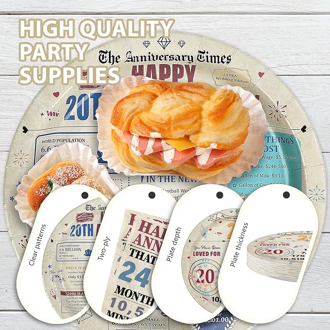 96Pcs 20th Anniversary Party Decorations Retro 20 Years Wedding Aday Plates and Napkins Happy 20th Anniversary Disposable Tableware Set for Vintage 20 Year Wedding Party Supplies Serves 24