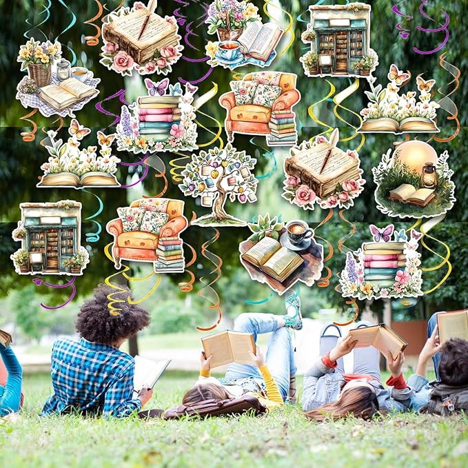 30CT Book Themed Hanging Swirls Party Decorations Vintage Book Party Decor Reading Lover Book Club Ceiling Streamers Book Sign Library Bookworm Supplies for Birthday Baby Shower Reading Party