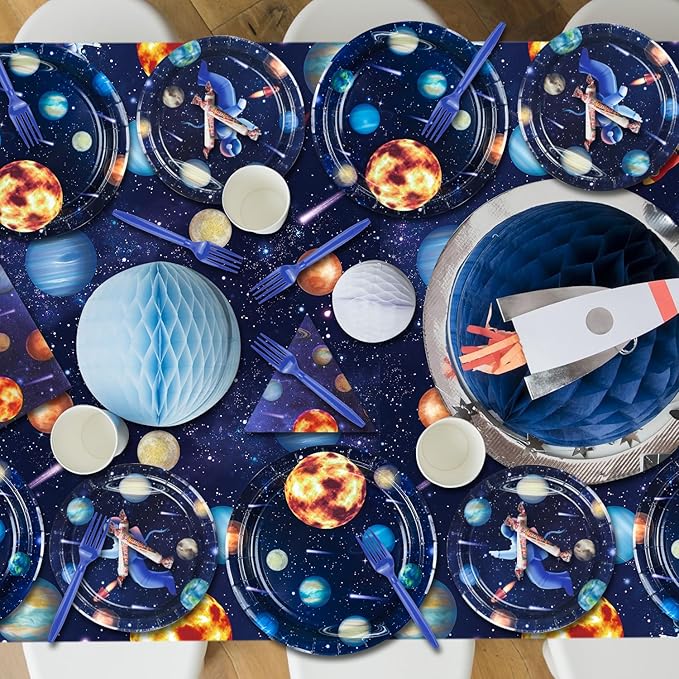 Outer Space Party Supplies for 20 Guests, Include Astronaut Planet Paper Plates, Napkins, Forks, Outer Solar System Tablecloth for Kids Birthday Party Solar System Theme Party Decorations