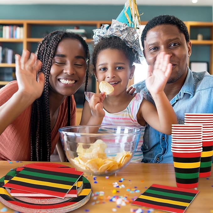 Whaline 96Pcs Juneteenth Tableware Black History Month Kwanzaa Paper Plate Napkin Cup African American Freedom Disposable Dinnerware Set for 24 Guests Party Table Decor