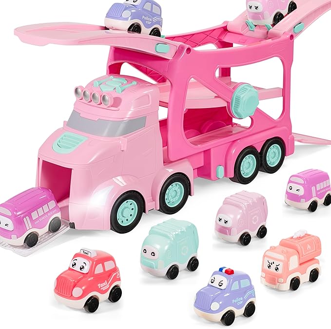 JOVA Extra Large Toy Trucks for Toddlers, 3-Layer Princess Pink Trucks for Girls, 7-in-1 Big Carrier Truck with Siren & Lights and 6 Toy Cars, Birthday Gifts for Girls