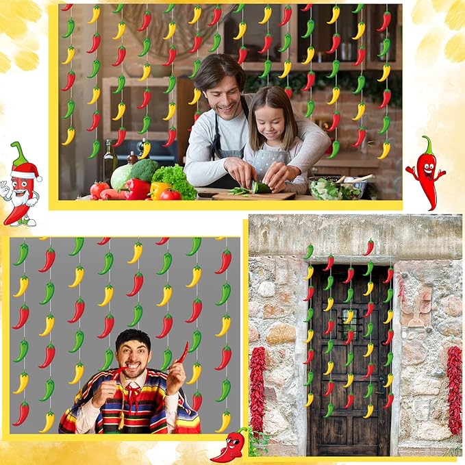 Frienda 8 Pcs Fiesta Cinco De Mayo Decorations Chili Pepper Garlands Fiesta Chili Cook Off Hanging Banners Contest Tasting Competition Decor Mexican Kitchen Cook Off Party Supplies(Colorful,Pepper)