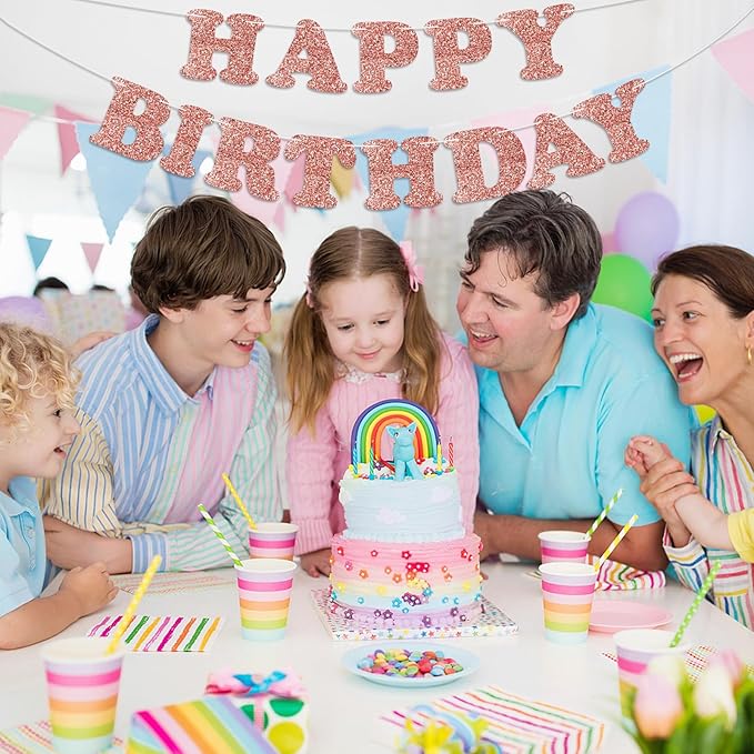 Glitter Rose Gold Happy Birthday Banner Birthday Party Decorations Sign Garland Bunting Banner for Wall Decor Party Background for Kids Boys Girls Adults