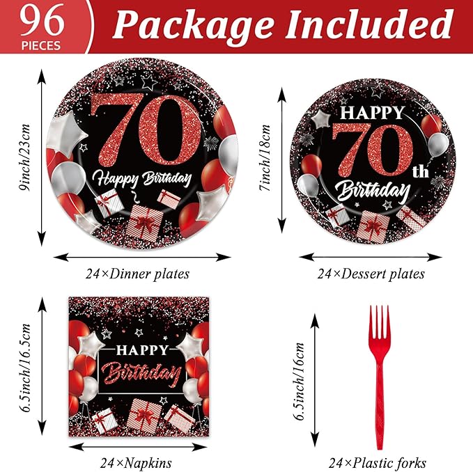 gisgfim 96 Pcs 70th Birthday Plates and Napkins Party Supplies 70 Years Old Party Tableware Set Red Black Dinner Dessert Plates 70th Birthday Decorations Favors for Man Women for 24 Guests