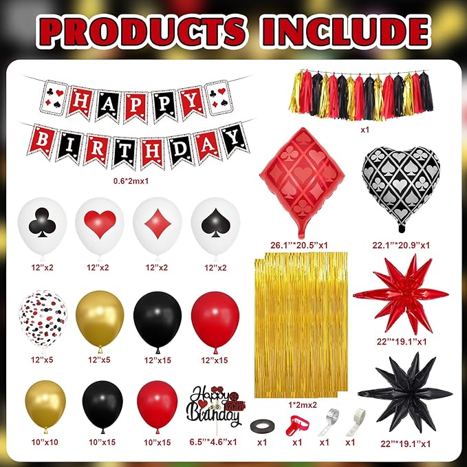 Ouddy Life 103Pcs Casino Theme Party Decorations, Red and Black Happy Birthday Banner Star Heart Poker Foil Balloons Fringe Curtain Paper Tassel Cake Topper for Las Vegas Game Night Party Decorations