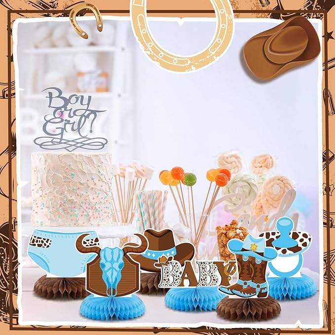 12 Pcs Cowboy Baby Shower Decorations a Little Cowboy Is on the Way Honeycomb Centerpieces Western Baby Shower Decorations Western Table Topper Table Decoration for Birthday Party Favors