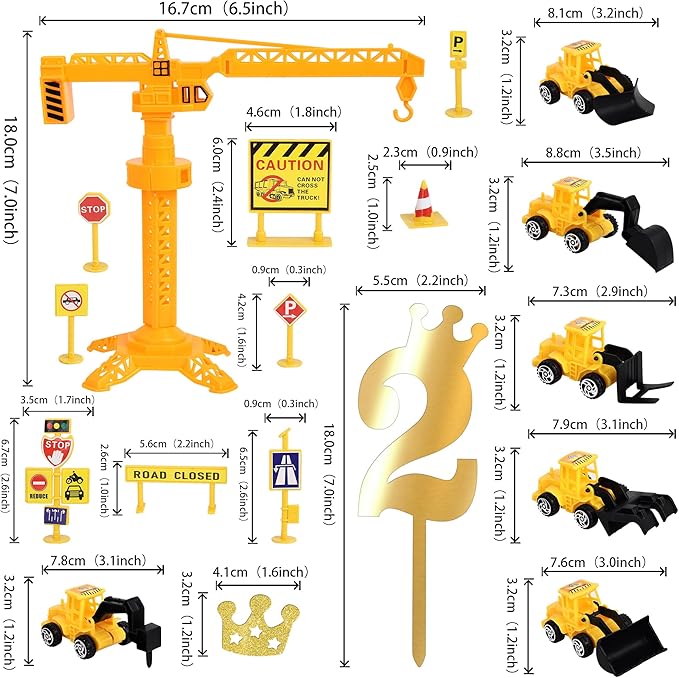 17 Pack Construction Vehicles Cake Toppers Set Road Sign Tower Digger Cupcake Toppers Acrylic Number 2 Cake Picks for Construction Theme Baby Shower Kids 2nd Birthday Party Cake Decorations Supplies