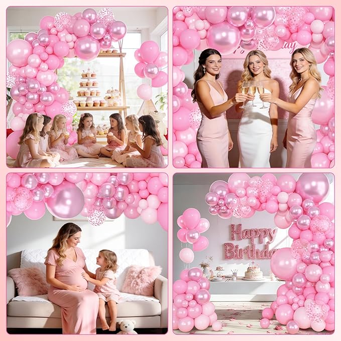Amandir 153pcs Pink Balloon Garland Arch Kit, Different Sizes 18 12 10 5 inch Latex Pastel Metallic Pearl Light Pink Confetti Balloons for Women Princess Birthday Wedding Valentines Party Decorations