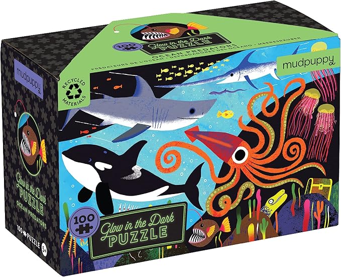Mudpuppy’s Ocean Predators 100 Piece Glow in The Dark Puzzle, Includes 100 Glow in The Dark Pieces, Perfect for Ages 5+, Turn Out The Lights and Let The Completed Puzzle Glow!