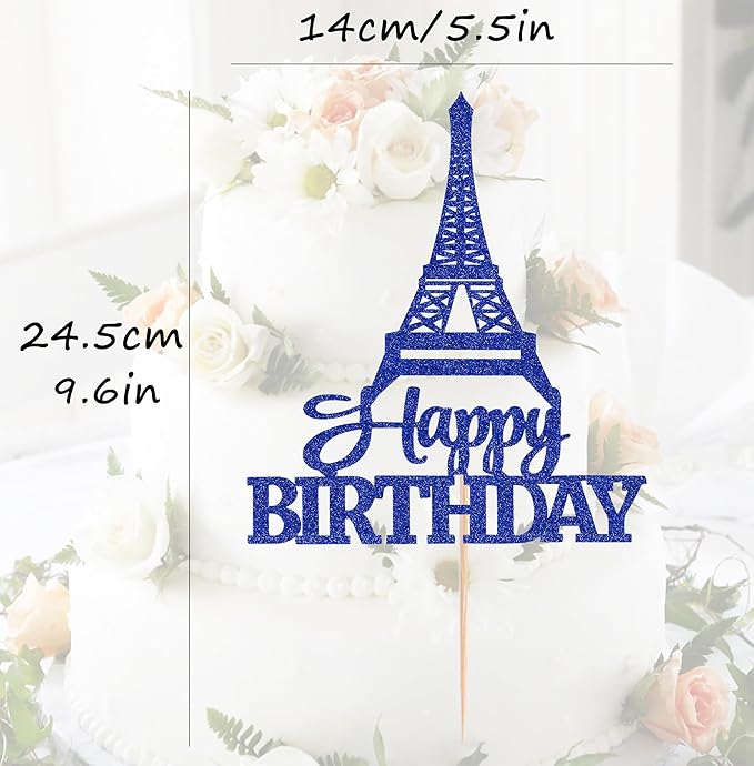Eiffel Rower Birthday Cake Topper - Royal Blue Glitter Eiffel Rower Theme Birthday Party Cake Decoration Supply - Boy or Girl Architecture Theme Party Cake Decor Photo Prop
