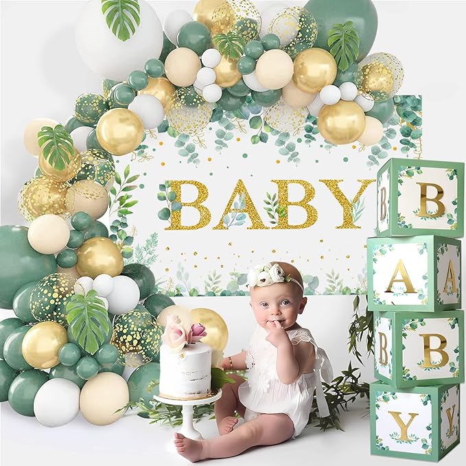 Sage Green Baby Shower Decorations 125PCS Green Balloon Arch Kit, Balloon Boxes, Backdrop for Woodland Jungle Theme Baby Shower Decor Gender Reveal Birthday Party Supplies