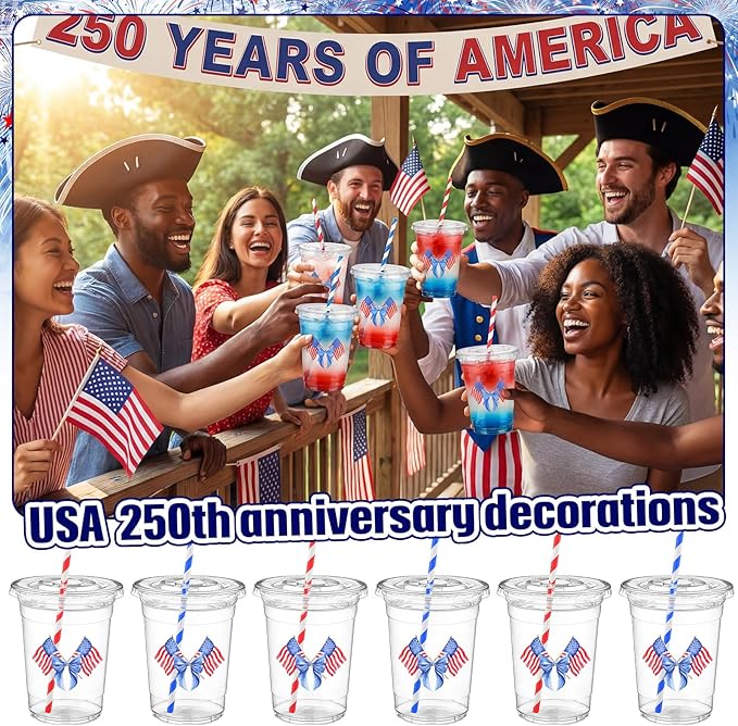 50 Pcs 16 oz 4th of July Cups Bulk Patriotic Party Favors Plastic Tumblers Red White and Blue Independence Day Disposable Party Supplies USA Memorial Drinking Cups for Coffee Juice Beverage