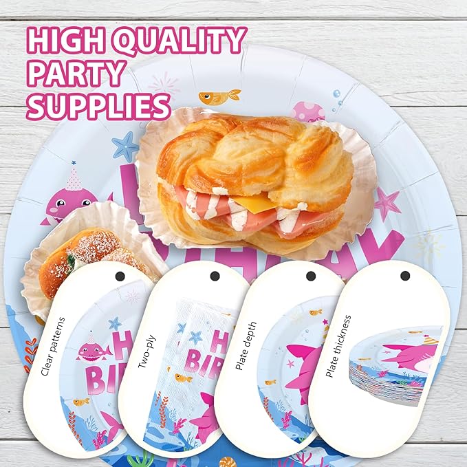 96Pcs Pink Shark Birthday Party Decorations for Baby Girl Shark Plates and Napkins Pink Babyshark Tableware Set for Girls Ocean Beach Under The Sea Birthday Party Supplies，Serves 24
