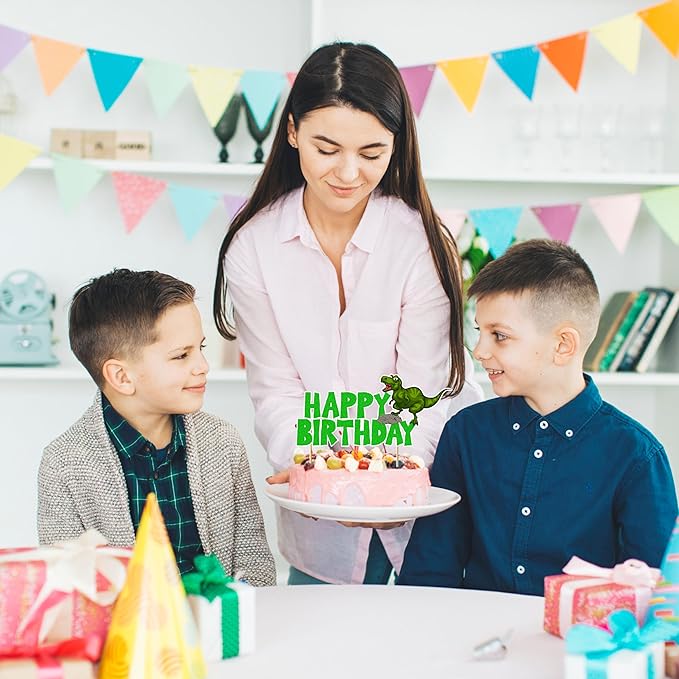Dinosar Happy Birthday Cake Topper - Prehistoric Dinosaur Theme Design, Colorful Jurassic Style Party Cake Decoration for Birthday Celebration, Dessert Table Display, Photo Prop, Cake Centerpiece.