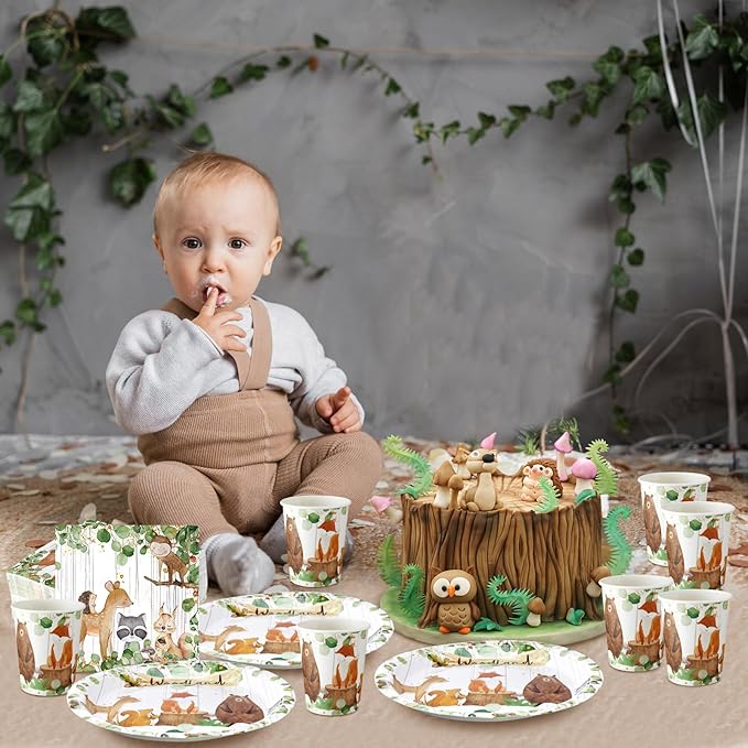 Hushee 200 Pcs Woodland Baby Shower Paper Plates Cups Napkins Woodland Animals Themed Gender Reveal Party Supplies Tableware Set Disposable Cup Napkin for 50 Guest Party Decoration