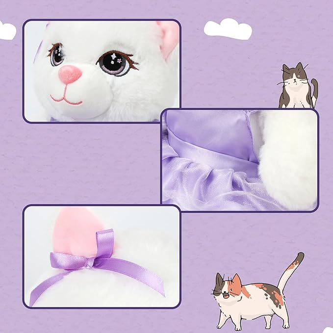 Cuteoy White Cat Stuffed Animal in Purple Dress Soft Plush Kitty Toy Cute Plushies for Girls Boys Birthday