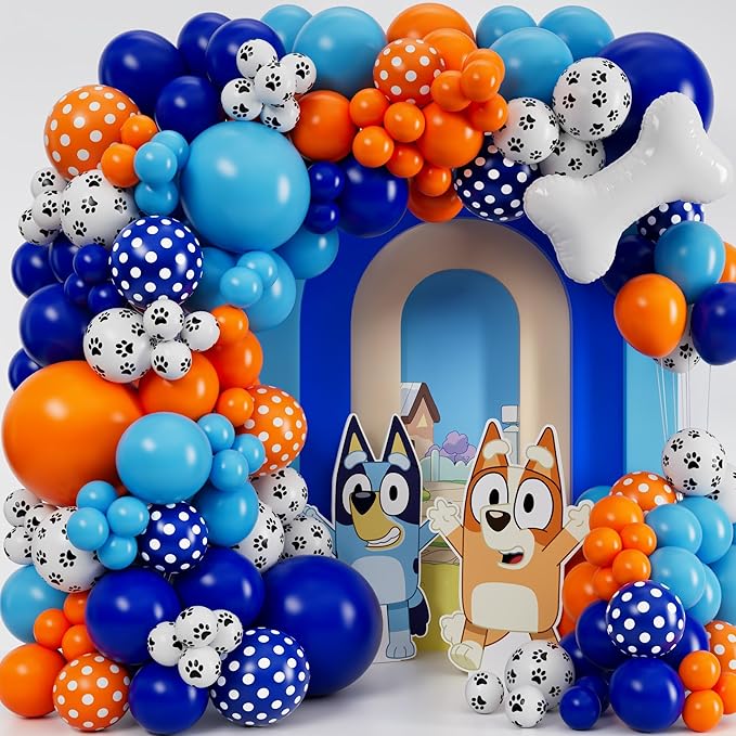 ALL-IN-1 Balloons Arch & Garland Kit with BONUS Dog Bone Small and Large Blue & Orange Party Balloons Blue Themed Party Decorations & Supplies for Boy or Girl Birthday